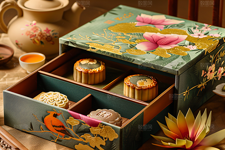 中秋月饼礼盒中秋节传统美食摄影图