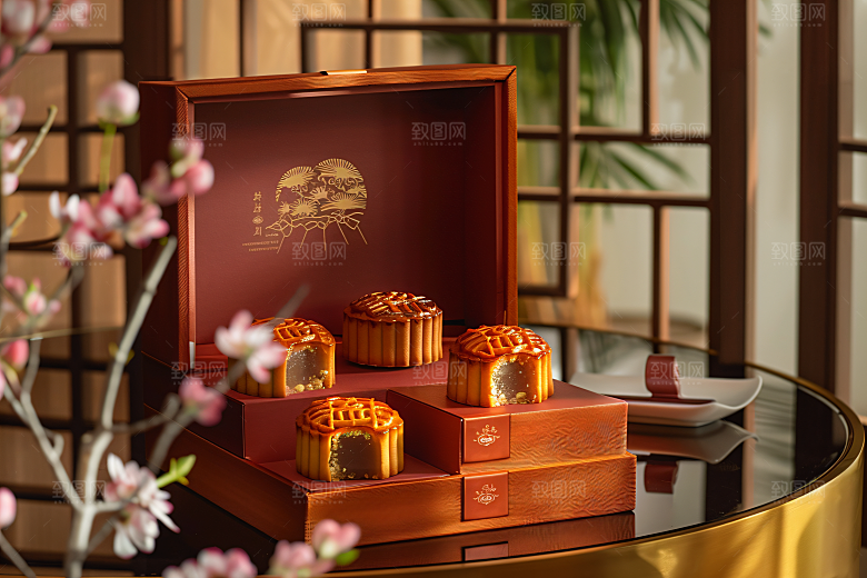 中秋月饼礼盒美味糕点摄影图