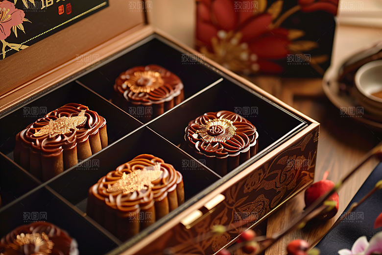 中秋月饼礼盒传统美食习俗摄影图