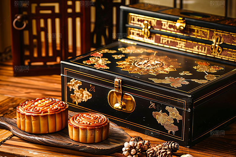 中秋月饼礼盒糕点习俗摄影图