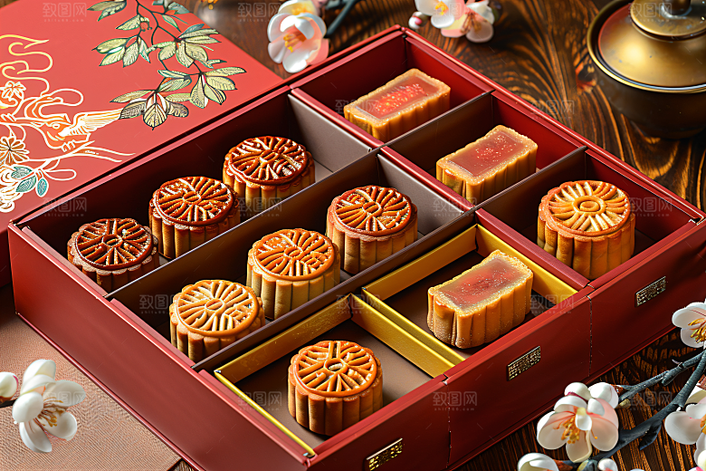 中秋月饼礼盒精致美味摄影图