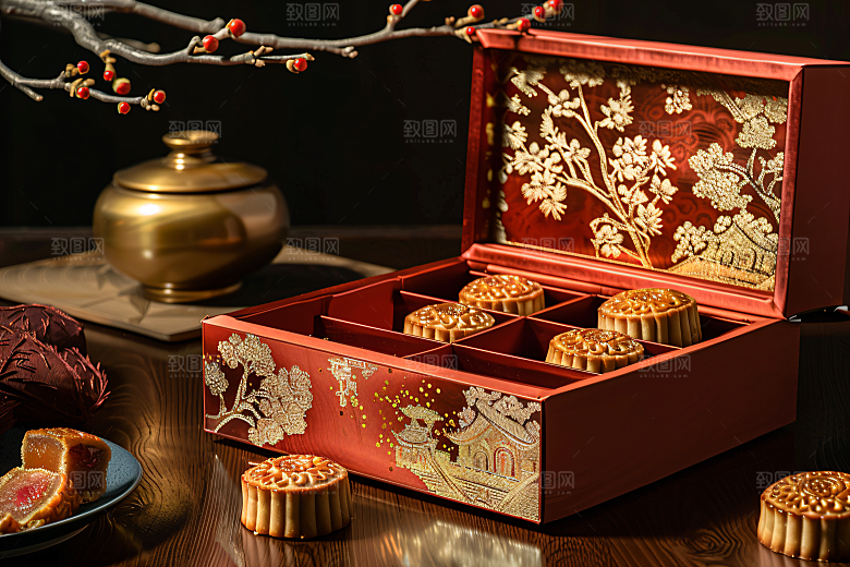中秋月饼礼盒美食中秋节摄影图