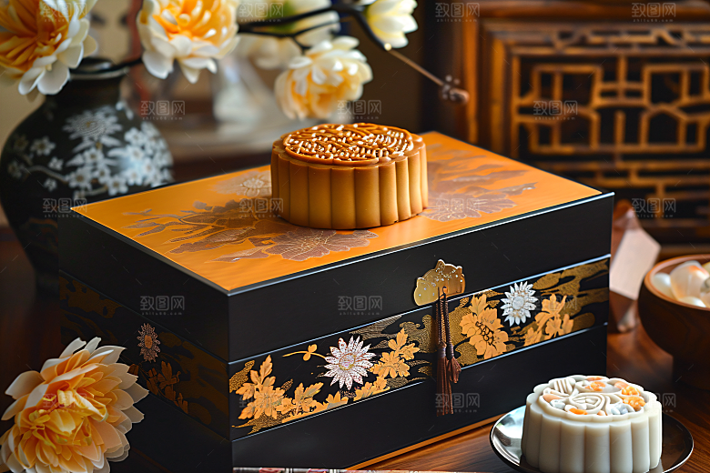 中秋月饼礼盒高清习俗摄影图