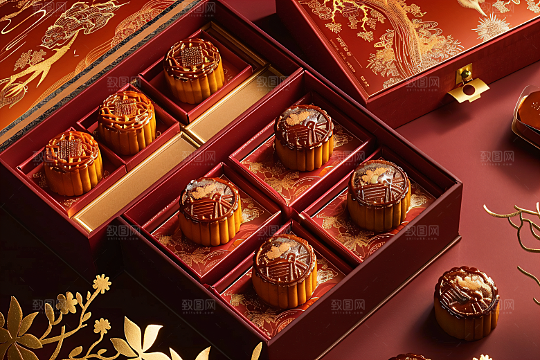 中秋月饼礼盒传统美食精致摄影图