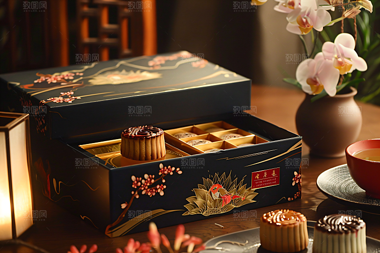 中秋月饼礼盒礼品精致摄影图