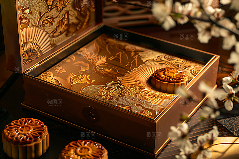 中秋月饼礼盒传统美食礼品摄影图