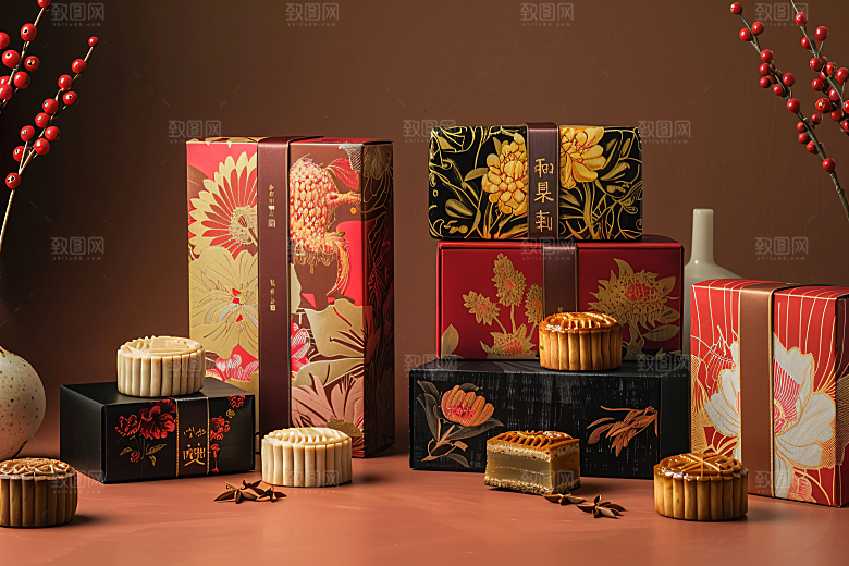 中秋月饼礼盒高清习俗摄影图