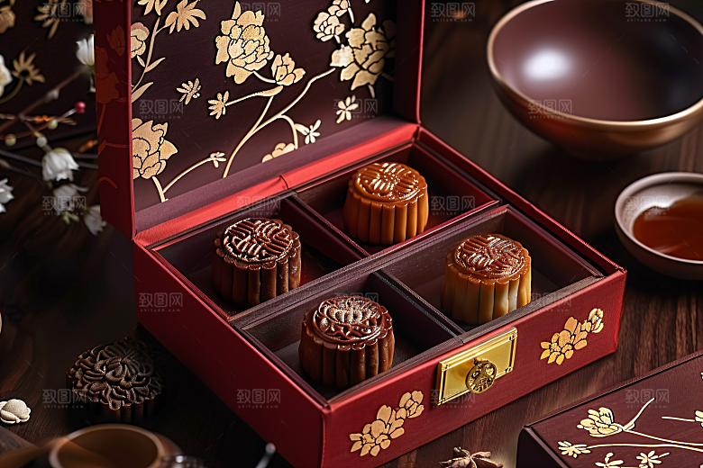 中秋月饼礼盒美食习俗摄影图