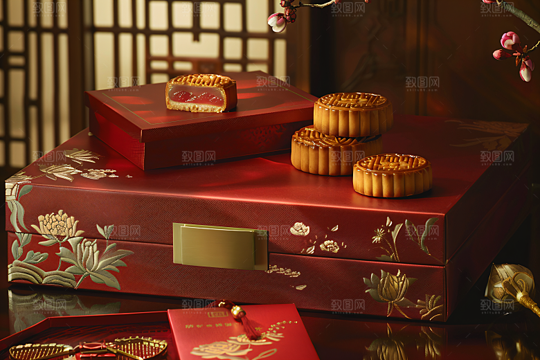 中秋月饼礼盒习俗美食摄影图