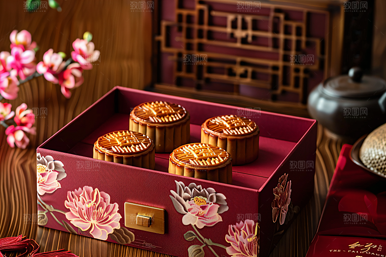 中秋月饼礼盒甜点传统美食摄影图