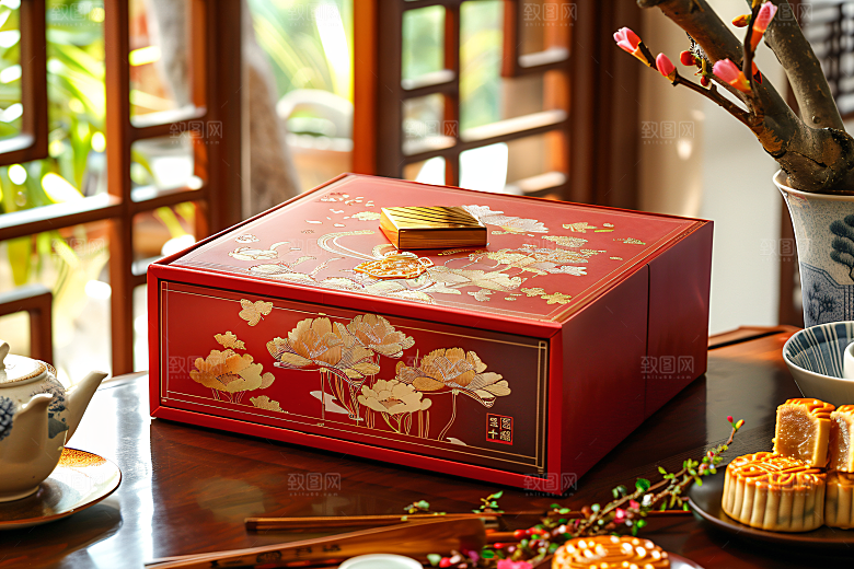 中秋月饼礼盒甜点美食摄影图