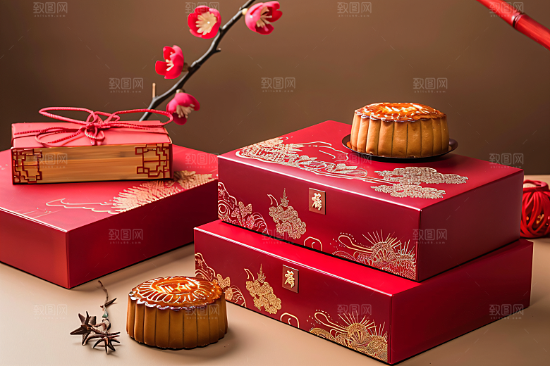 中秋月饼礼盒传统美食习俗摄影图