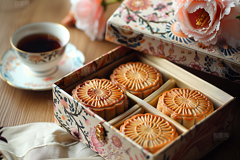 中秋月饼礼盒高清中秋节摄影图