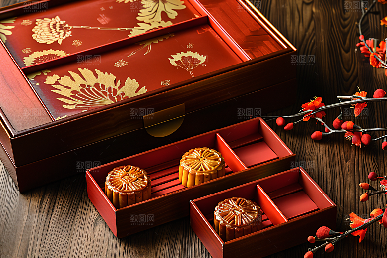 中秋月饼礼盒广式月饼精致摄影图