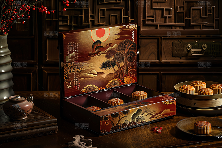中秋月饼礼盒莲蓉月饼美味摄影图