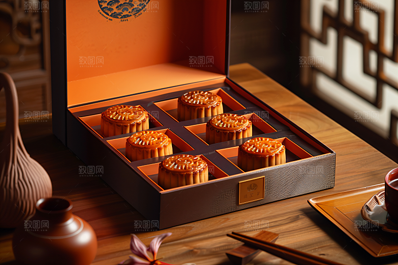 中秋月饼礼盒糕点传统节日摄影图
