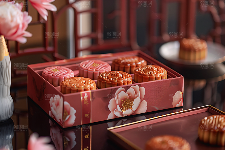 中秋月饼礼盒甜点高清摄影图