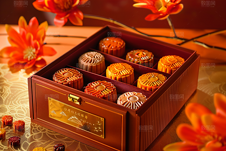 中秋月饼礼盒广式月饼习俗摄影图