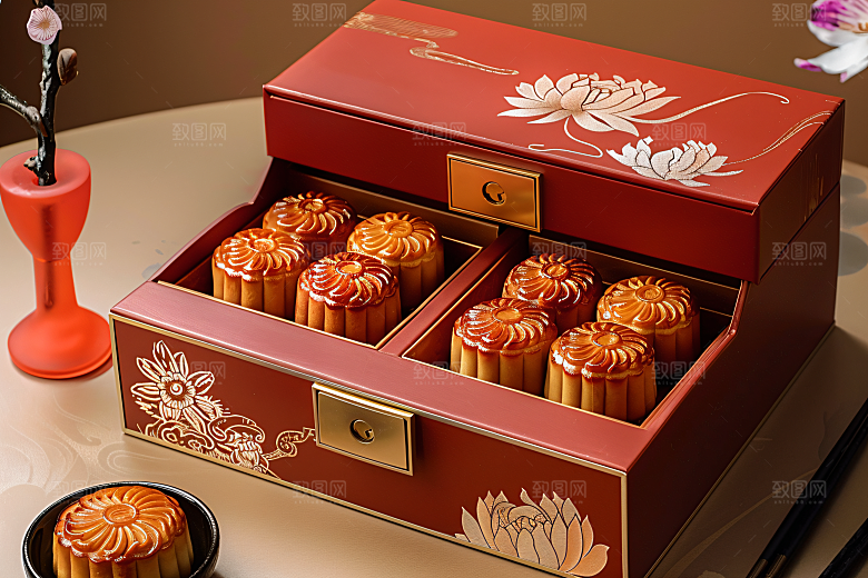 中秋月饼礼盒传统节日习俗摄影图