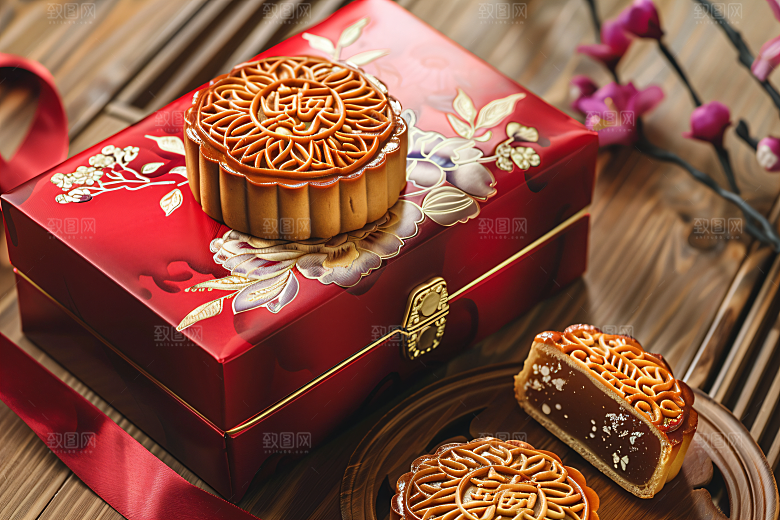 中秋月饼礼盒传统美食糕点摄影图