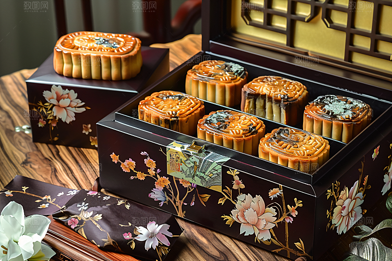 中秋月饼礼盒精致中秋节摄影图