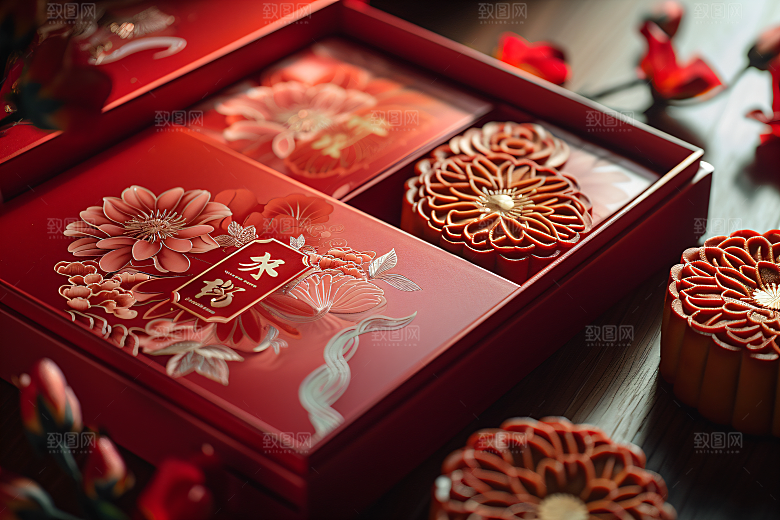 中秋月饼礼盒糕点习俗摄影图