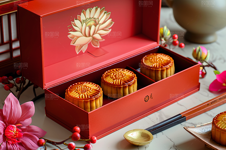 中秋月饼礼盒传统美食美食摄影图