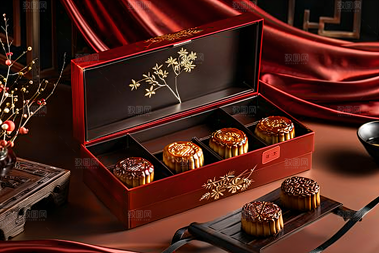 中秋月饼礼盒习俗传统美食摄影图