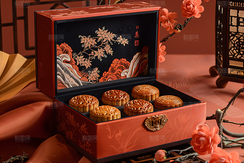 中秋月饼礼盒美食莲蓉月饼摄影图