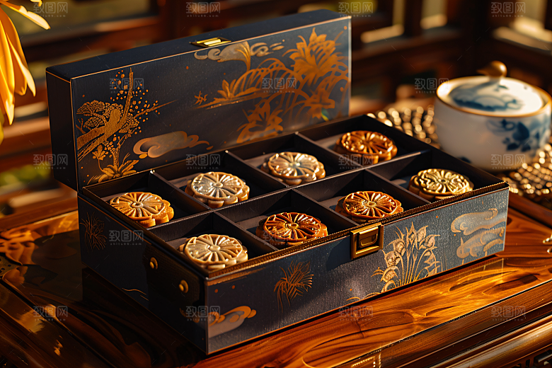 中秋月饼礼盒甜点传统节日摄影图