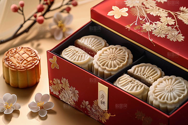中秋月饼礼盒美味莲蓉月饼摄影图