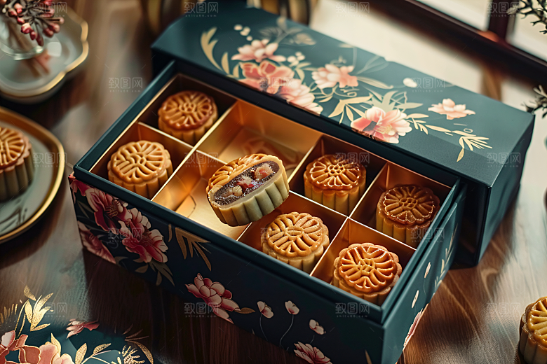 中秋月饼礼盒糕点习俗摄影图