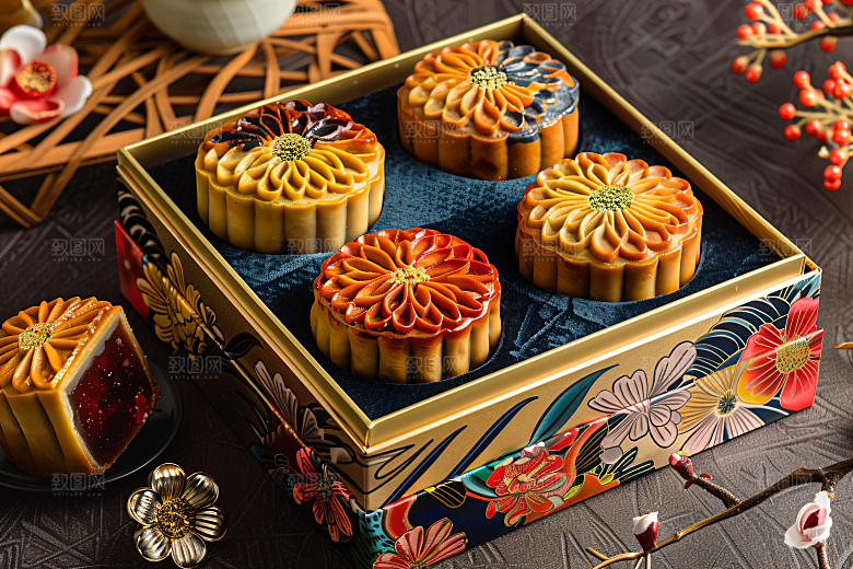 中秋月饼礼盒广式月饼糕点摄影图
