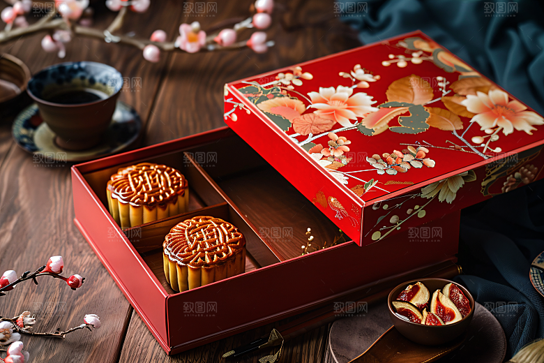 中秋月饼礼盒中秋节莲蓉月饼摄影图