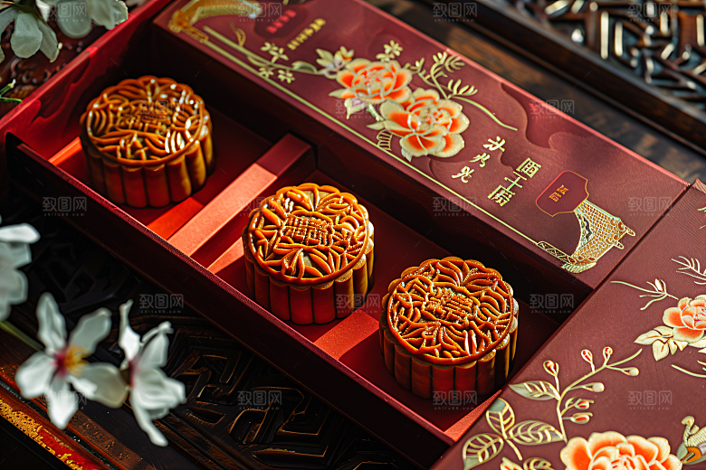 中秋月饼礼盒莲蓉月饼糕点摄影图