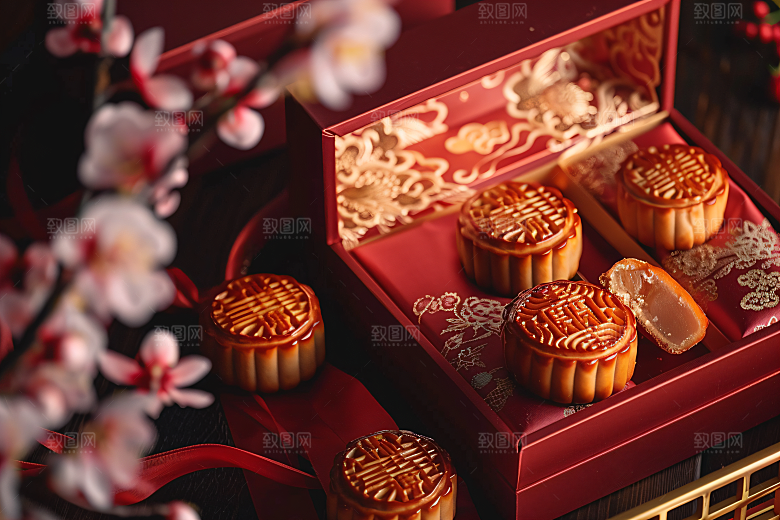 中秋月饼礼盒传统节日美味摄影图