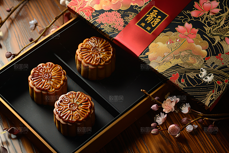 中秋月饼礼盒广式月饼习俗摄影图