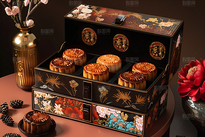 中秋月饼礼盒习俗精致摄影图