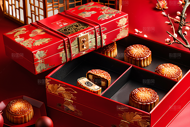 中秋月饼礼盒美食习俗摄影图