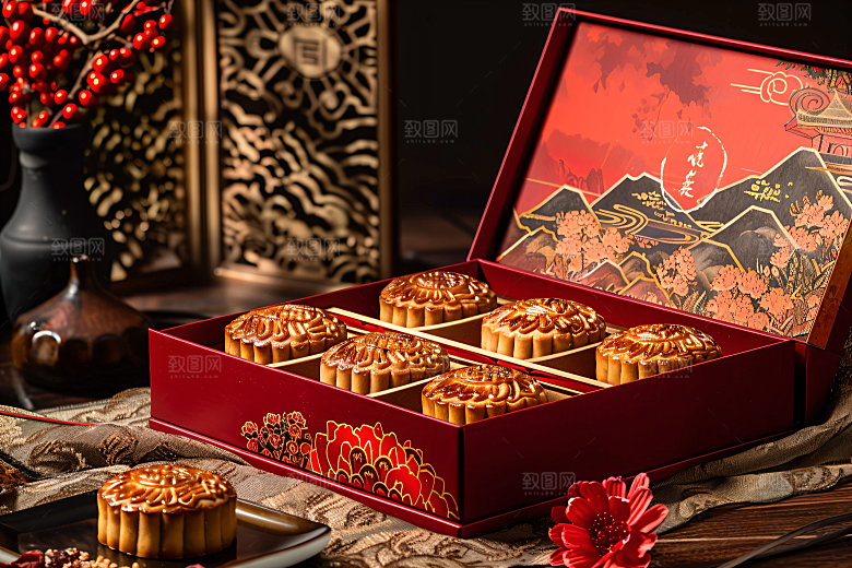 中秋月饼礼盒甜点广式月饼摄影图