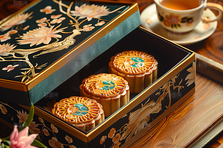 中秋月饼礼盒莲蓉月饼习俗摄影图