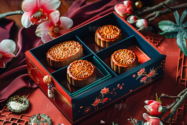中秋月饼礼盒精致习俗摄影图
