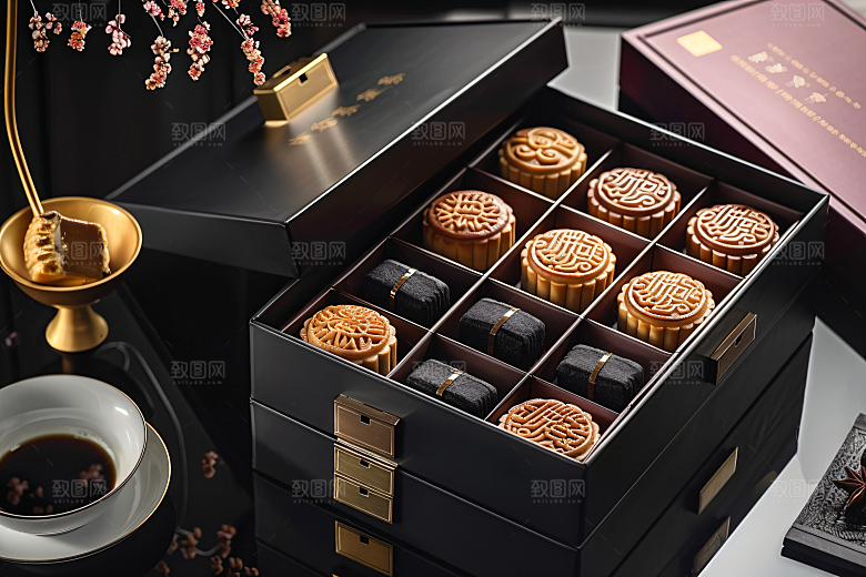 中秋月饼礼盒广式月饼精致摄影图