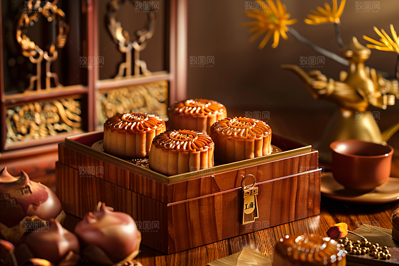 中秋月饼礼盒广式月饼美食摄影图