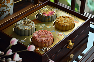 中秋月饼礼盒传统美食莲蓉月饼摄影图