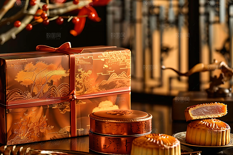 中秋月饼礼盒传统美食莲蓉月饼摄影图