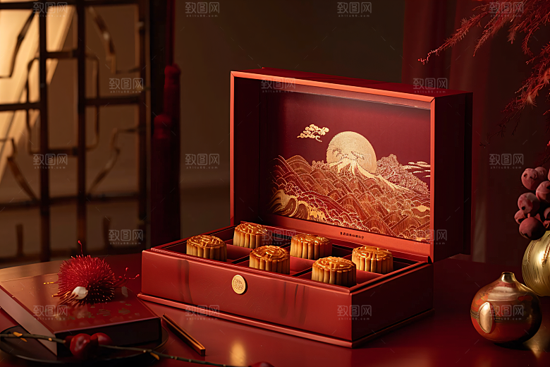 中秋月饼礼盒甜点习俗摄影图