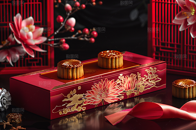 中秋月饼礼盒莲蓉月饼甜点摄影图
