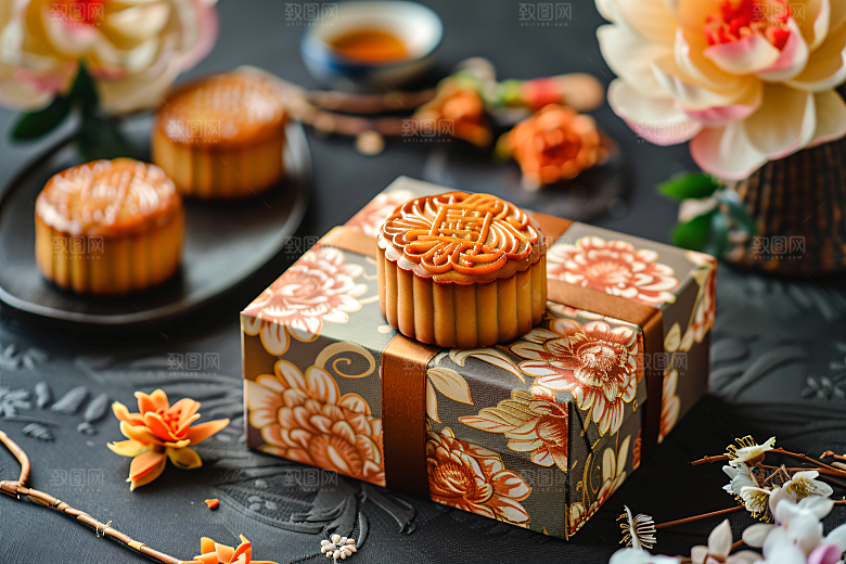 中秋月饼礼盒美味精致摄影图