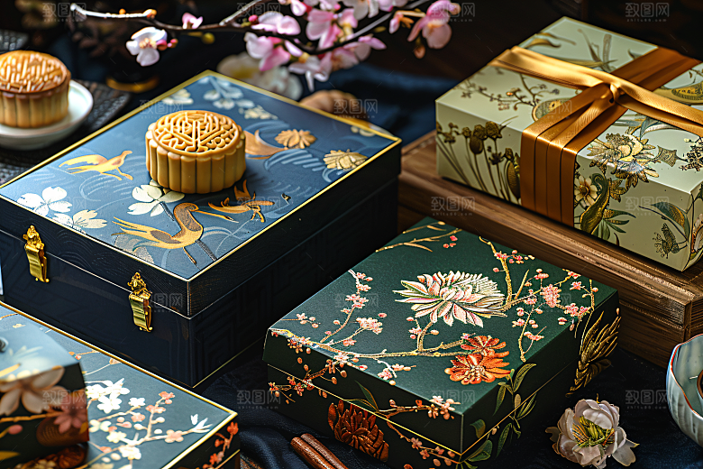 中秋月饼礼盒中秋节美食摄影图
